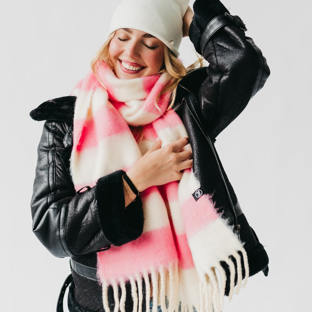 Pink and cream striped tassel scarf with fringed ends, cozy wrap style