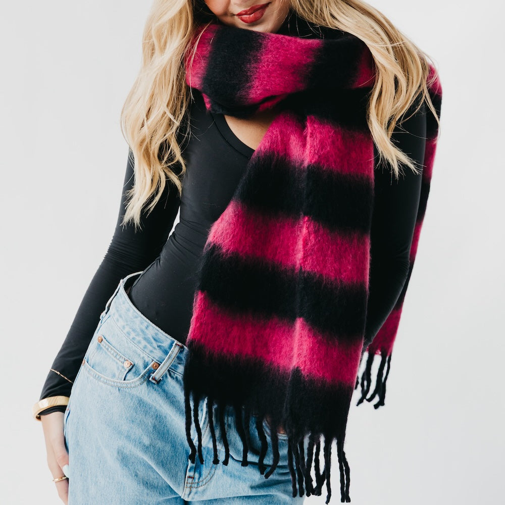 Black and hot pink striped tassel scarf with fringe ends