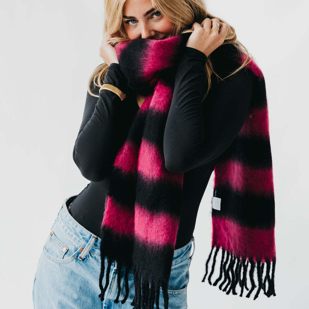 Black base with hot pink striped tassel scarf, long fringed hem