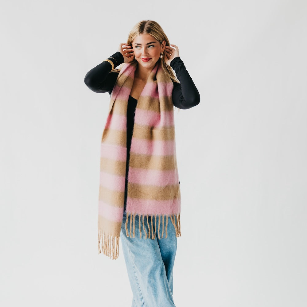 Pink and tan horizontal striped tassel scarf with long fringe