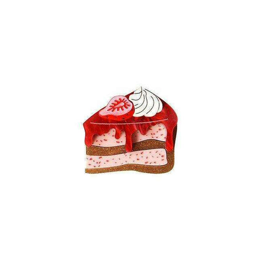 Strawberry cake brooch with red slice, cream layer, and brown base