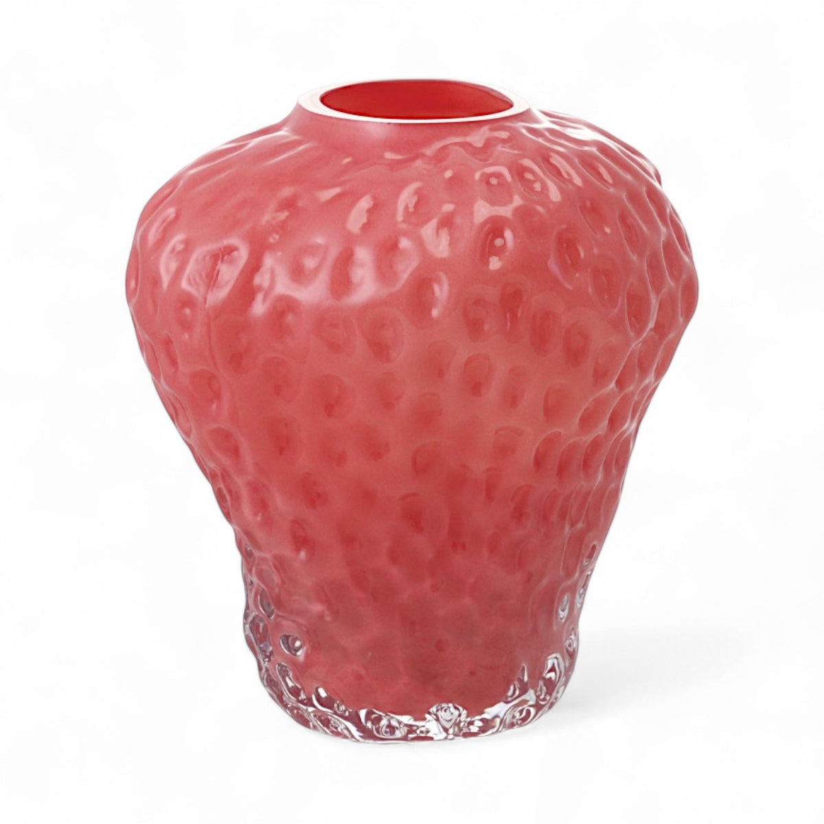 Pink opaque strawberry-shaped glass vase with textured surface and round open top