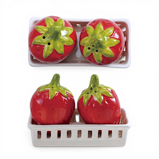 Strawberry salt and pepper shaker set with berry basket holder, two red shakers