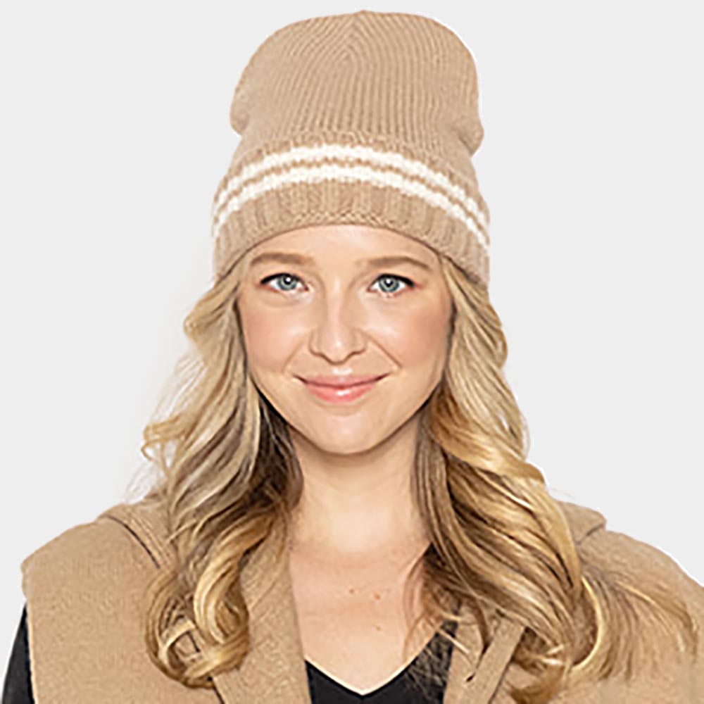 Camel knit beanie hat with light striped cuff and folded brim