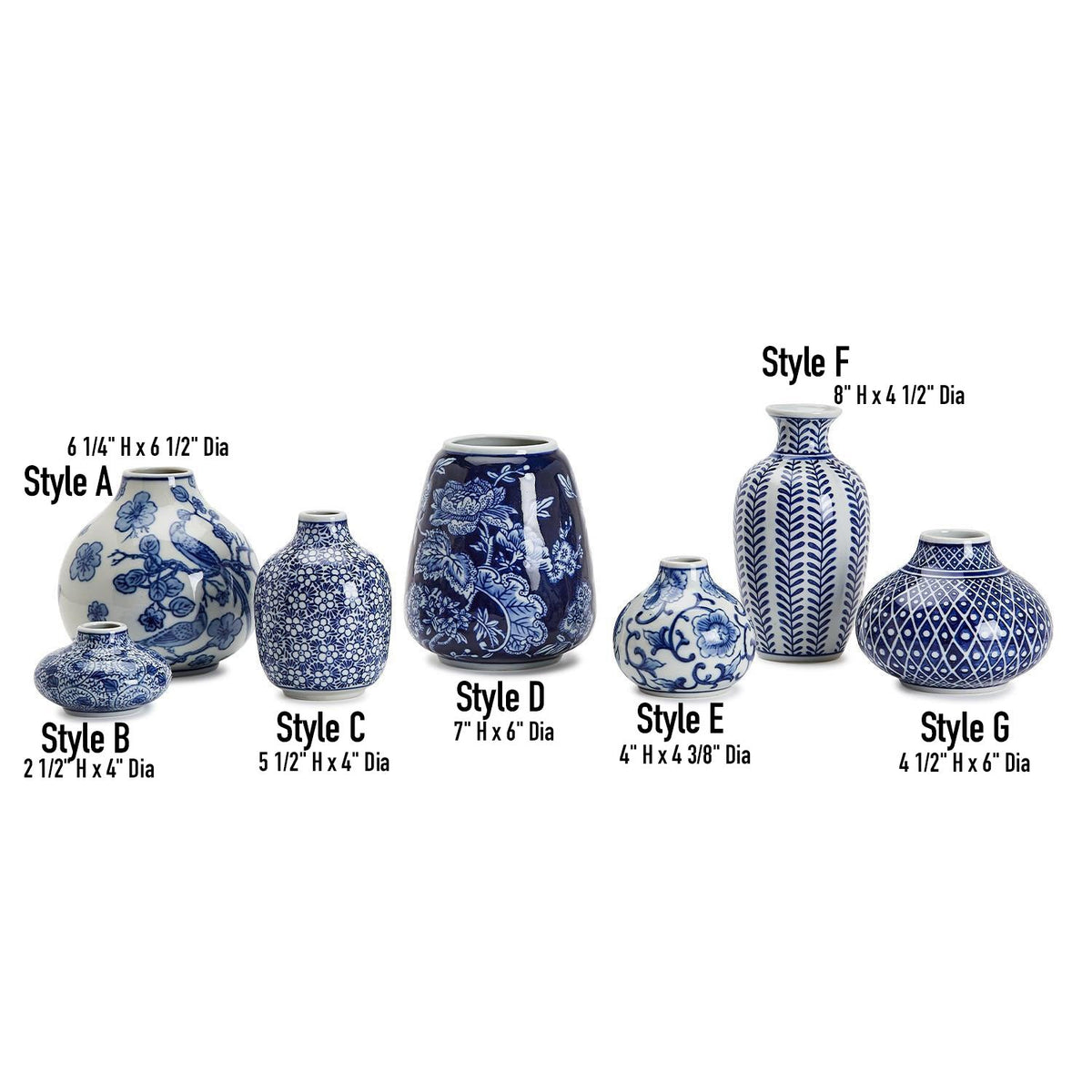 Blue and white ceramic vase styles A to G shown with sizing diagrams