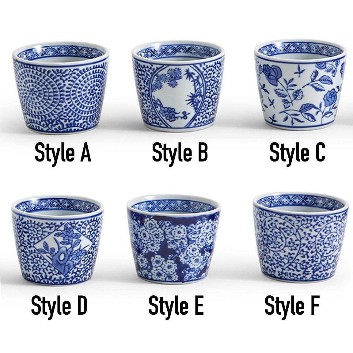 Mini chinoiserie cachepots styles A–F shown: six blue-and-white patterned mini ceramic pots