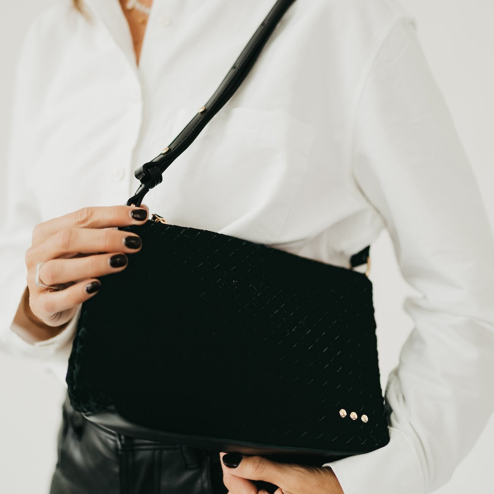 Black suede hobo shoulder bag, quilted texture, top zipper and gold hardware