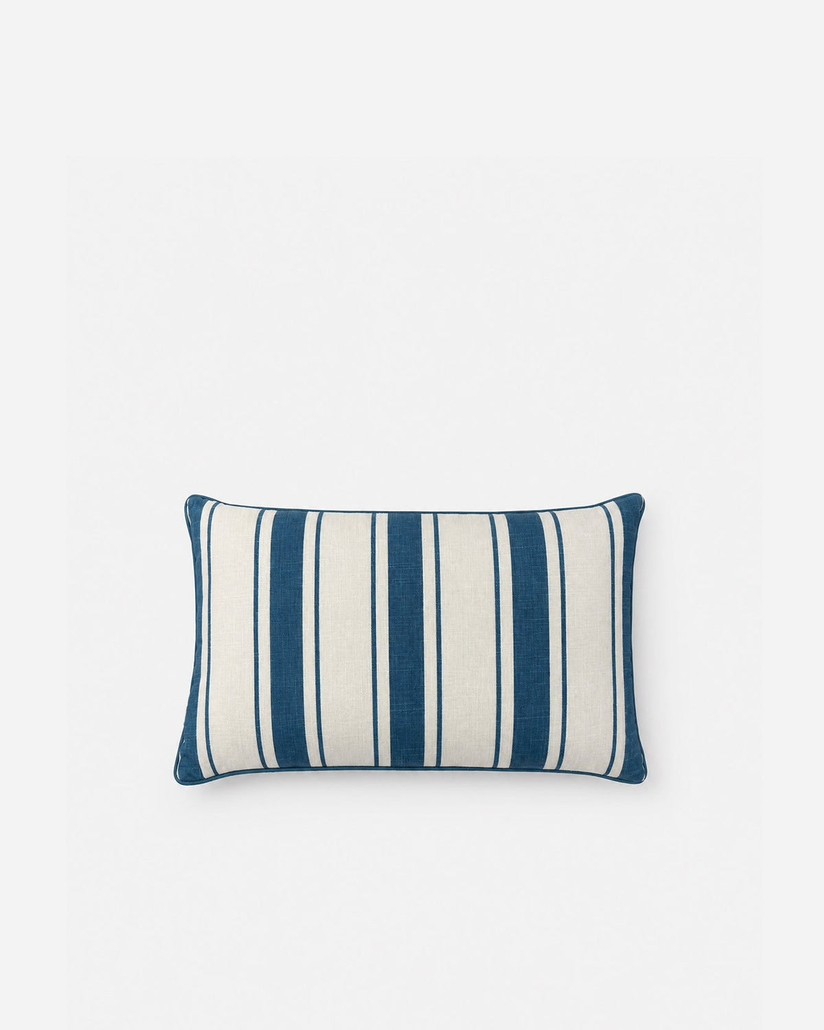 Small lumbar pillow with ivory and blue vertical stripes, piped edges