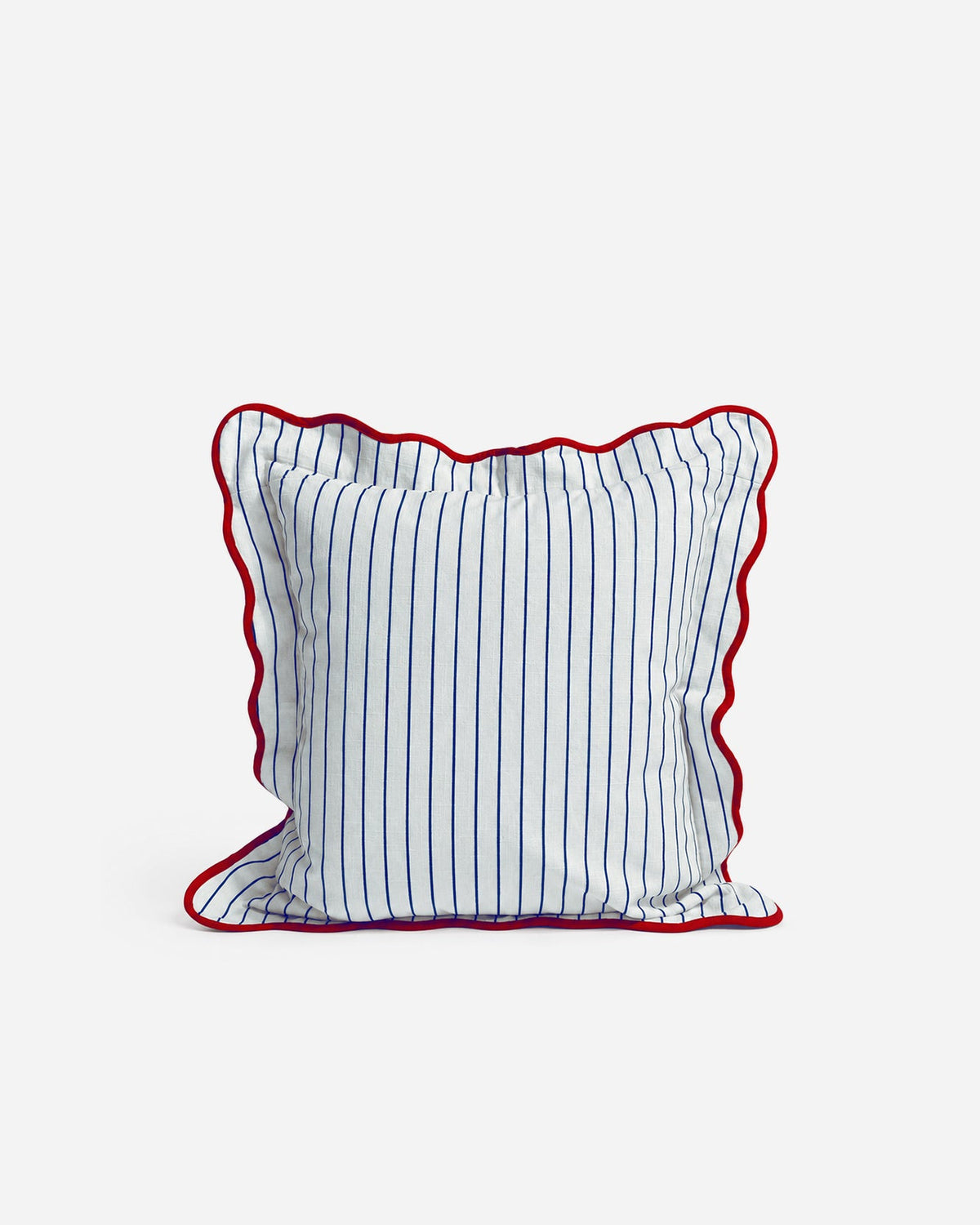 Blue-and-white striped throw pillow with red wavy trim border.