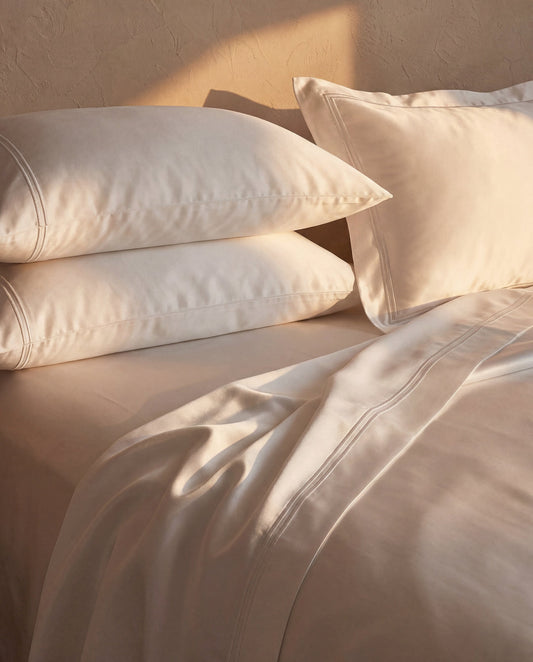White cotton sateen pillowcases on bed, piped seams visible along edges