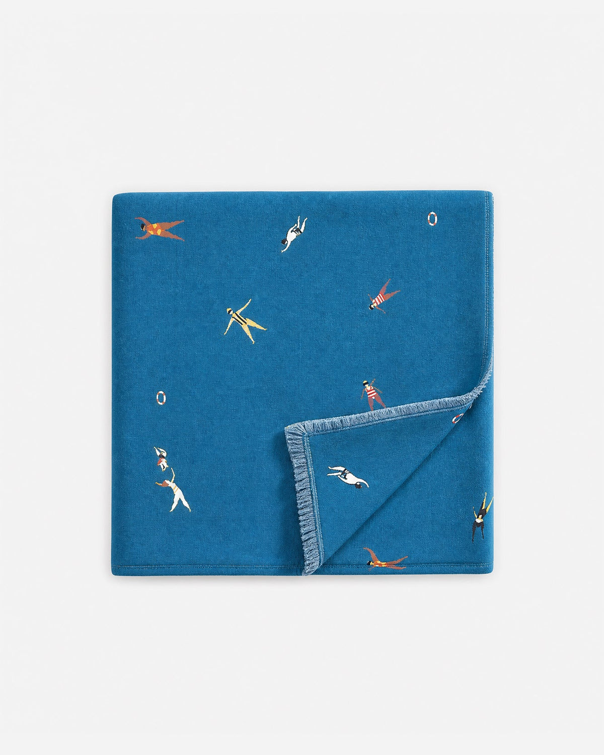 Aqua-blue lightweight beach blanket with colorful swimmer and bubble print, fringed edge