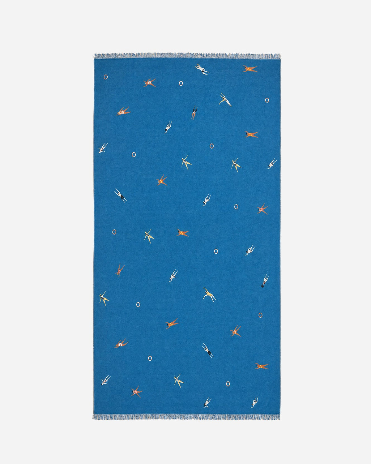 Aqua-blue lightweight beach blanket with scattered colorful swimmer print and fringed hem
