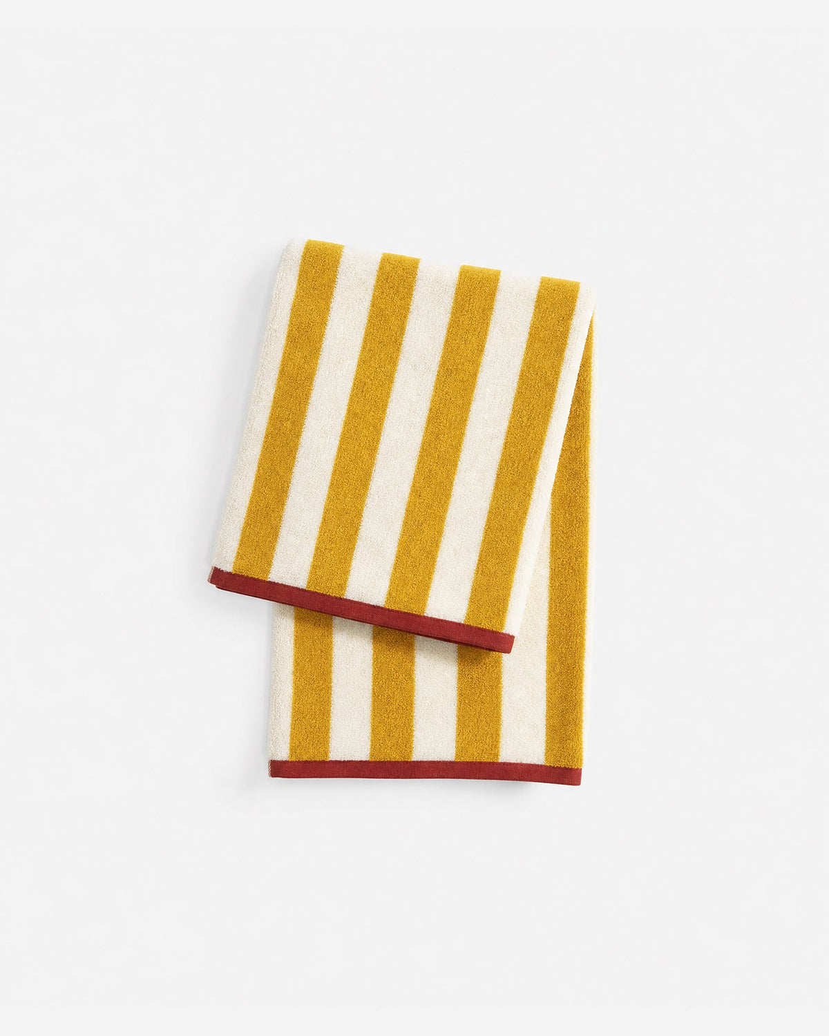 Reversible beach towel, ochre and white vertical stripes with red border
