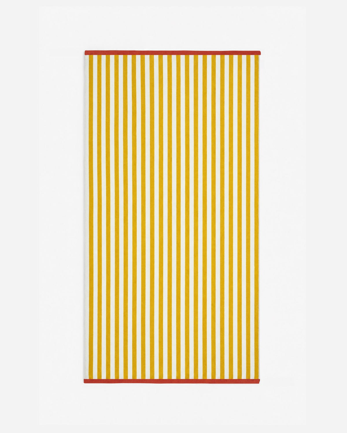 Reversible beach towel, ochre and white vertical stripes with red edging