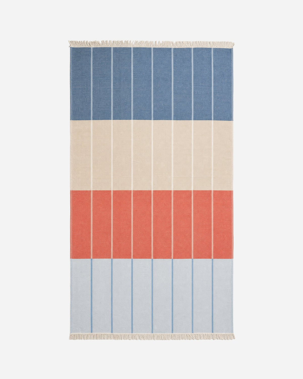 Reversible lightweight beach blanket with vertical blue, cream, and coral-red stripes.