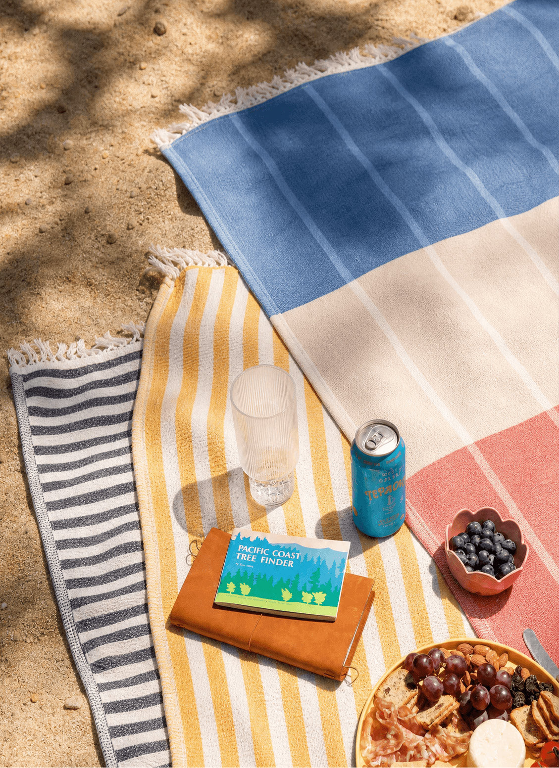 Reversible beach blanket with blue plaid stripes and beige panels; coral-red corner.