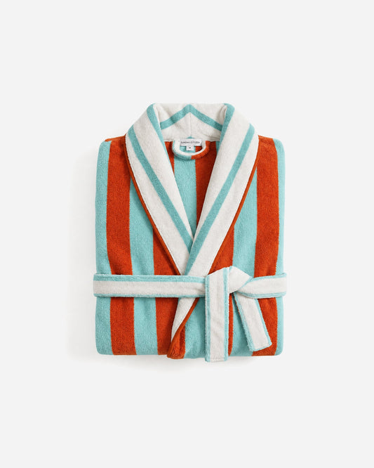 Striped beach robe in off-white, teal and orange with tie belt and shawl collar