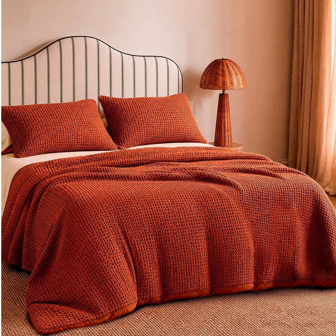 Waffle comforter and shams set in warm cinnamon brown with textured fabric