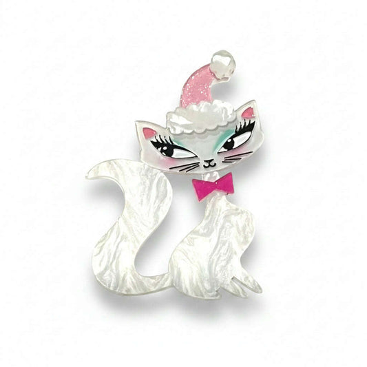 White cat enamel brooch with pink cap, cloud trim, and pink bow