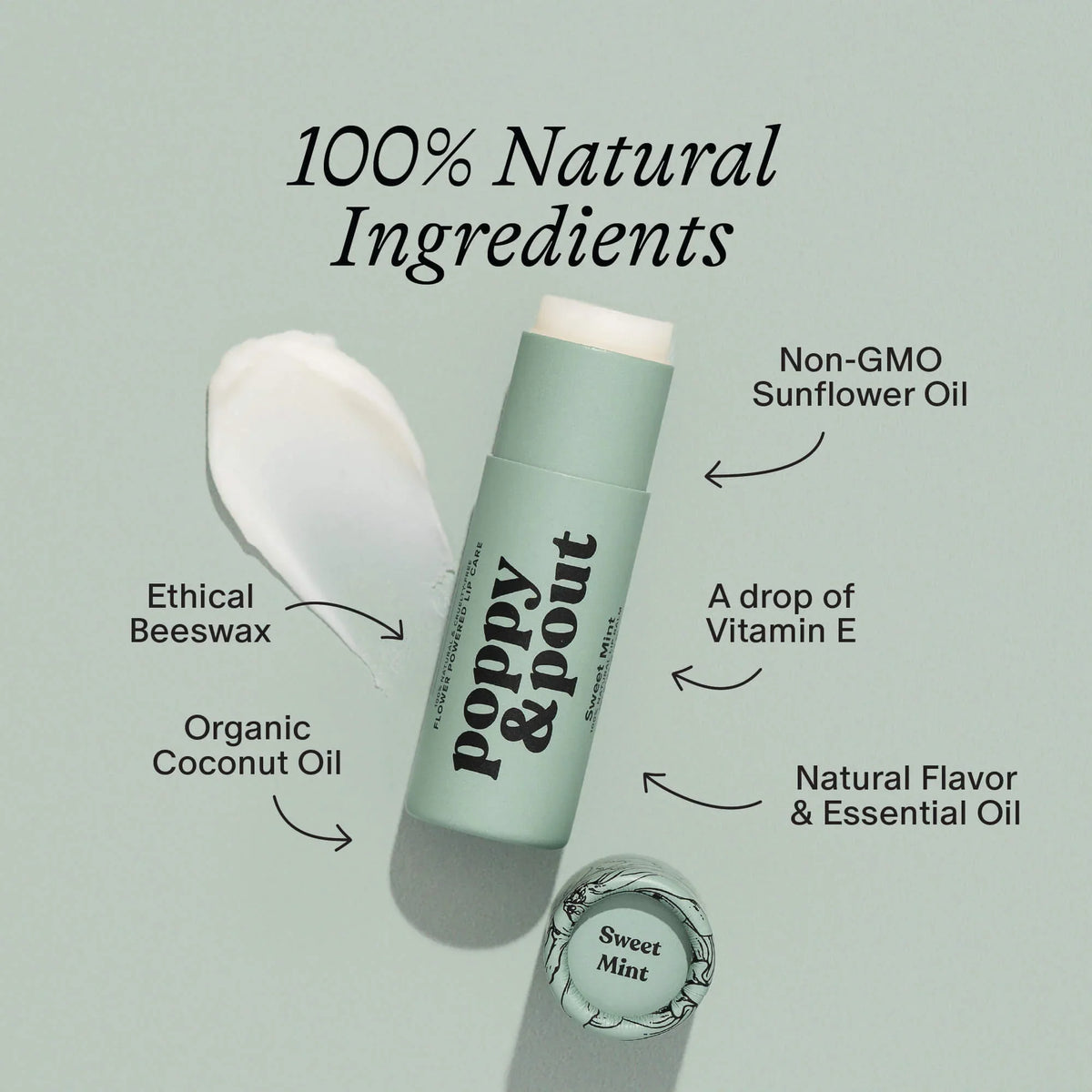 Sweet Mint lip balm tube with white balm swatch and cap