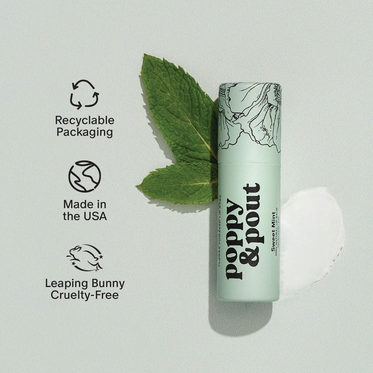 Sweet Mint lip balm tube with cap and green leaf recycle graphics