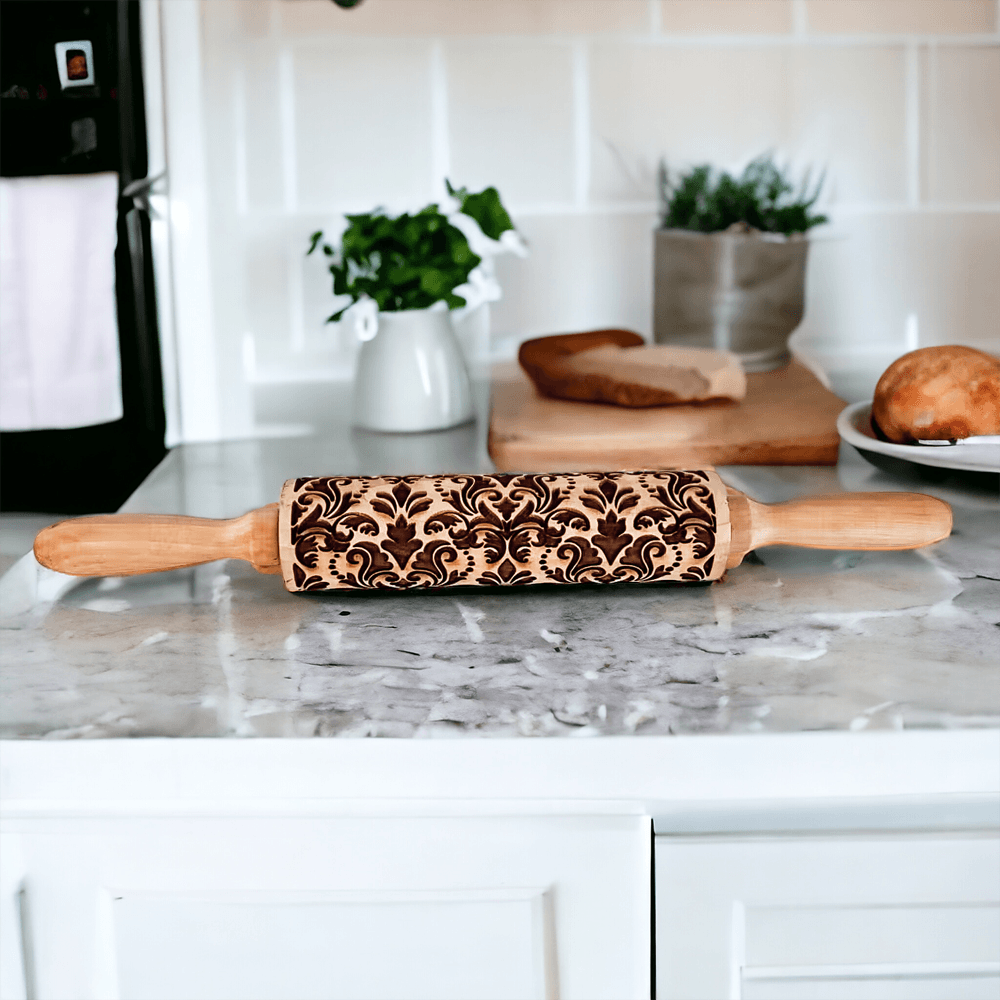 Wooden rolling pin with patterned brown sleeve and turned wooden handles