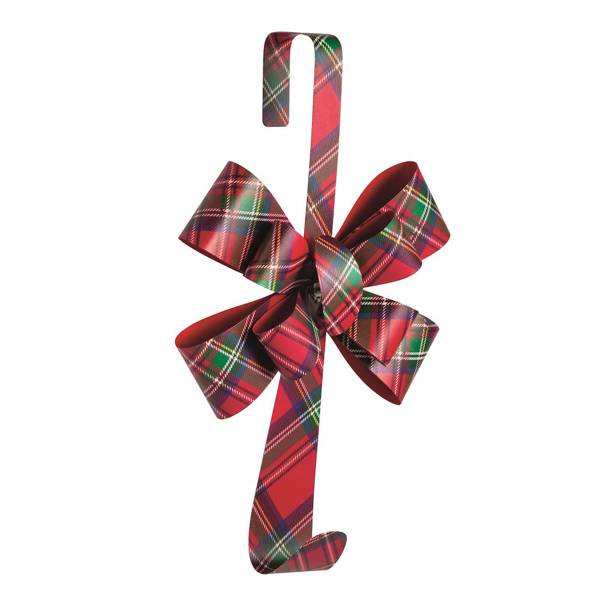 Tartan bow metal wreath hanger with red green plaid ribbon cross topper