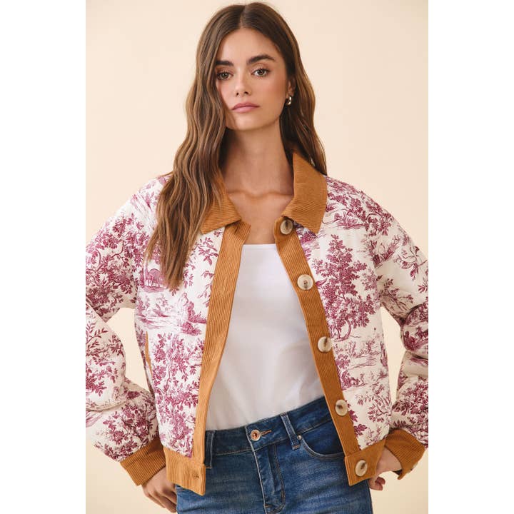 Toile button jacket with burgundy floral print, tan collar and trim, and front buttons