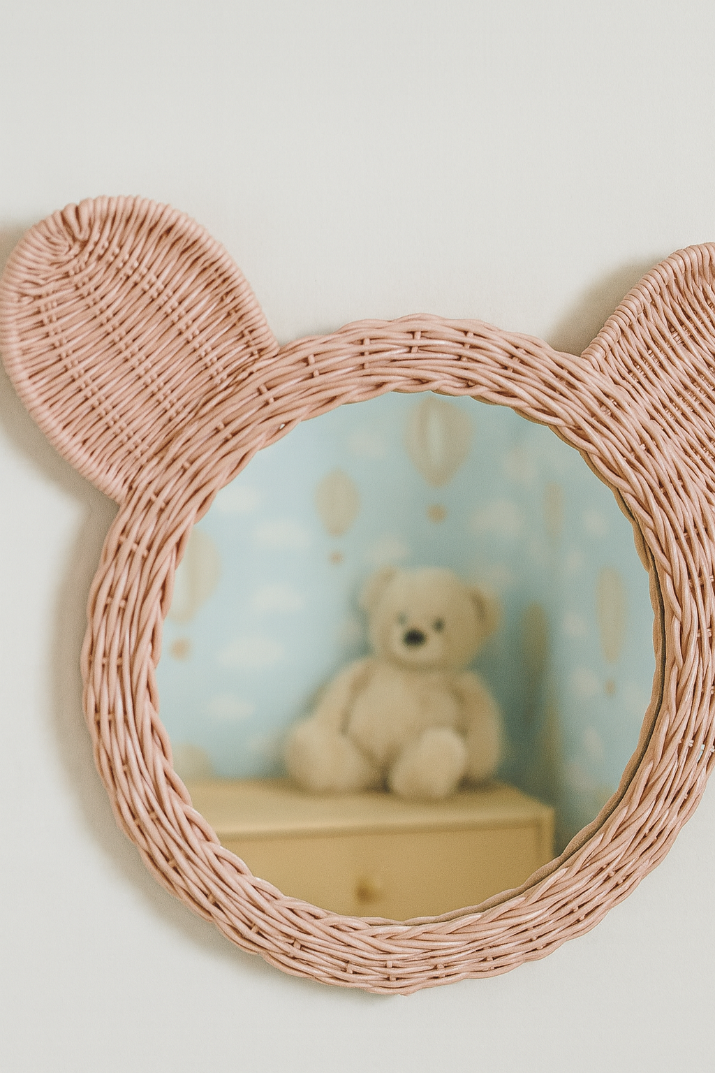 Close-up of pink woven rattan mirror frame with bear-shaped ears