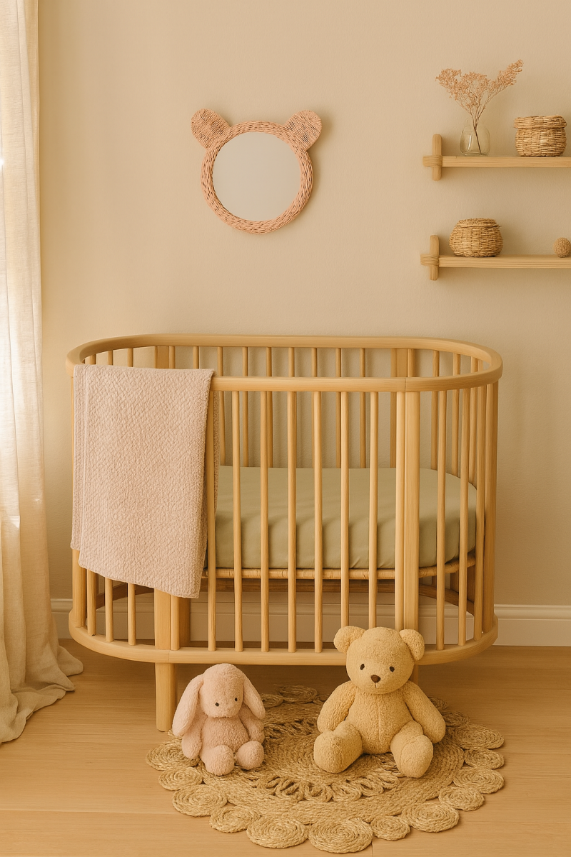 Pink woven teddy bear mirror mounted above a nursery crib