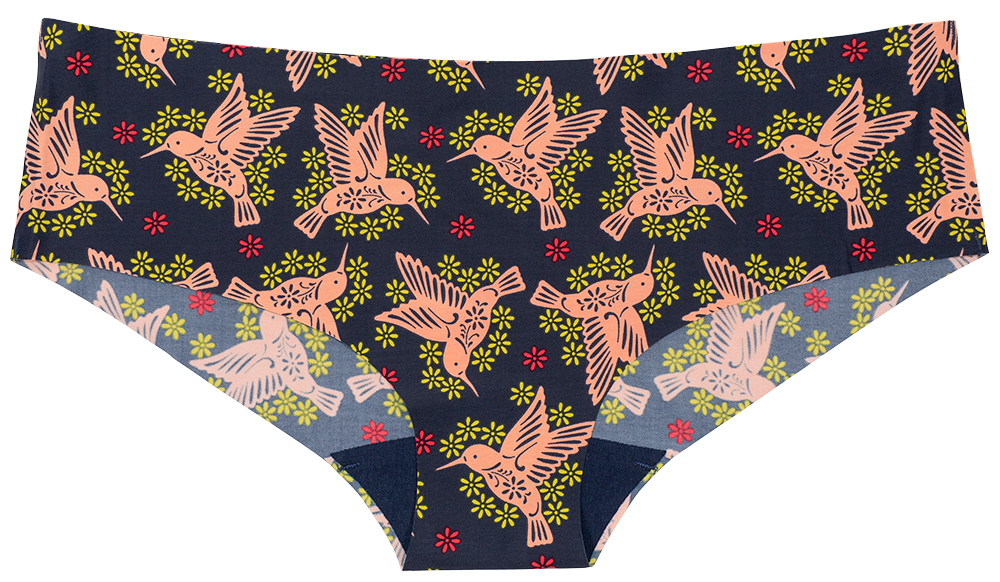 Hummingbird laser-cut hipster underwear with a navy base and colorful bird and flower print