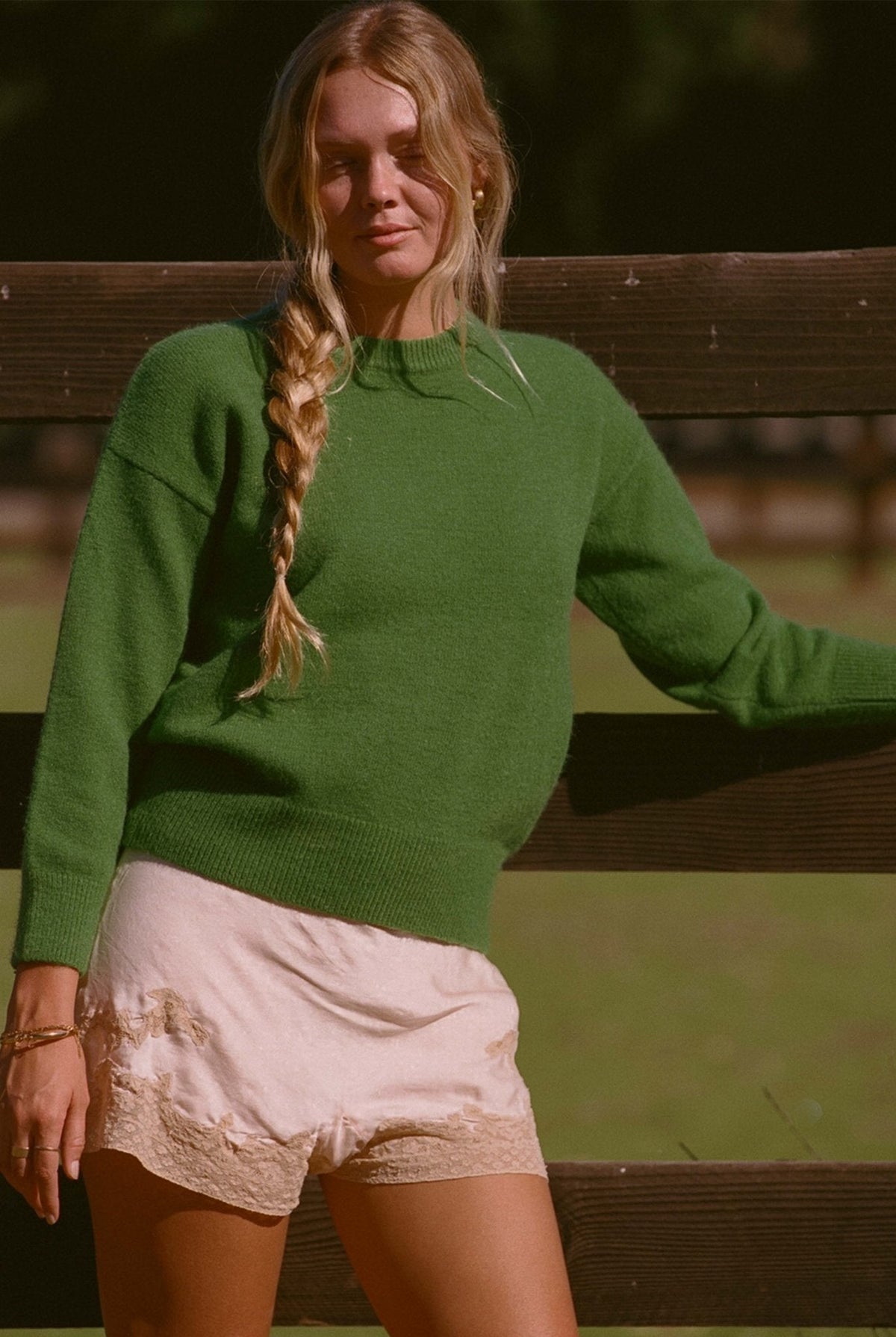 Hunter green knit sweater, crew neck, long sleeves and ribbed hem cuffs