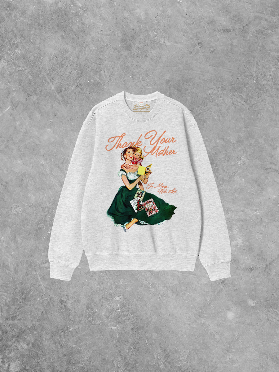 Ash gray cotton sweatshirt with boxy fit and a vintage-style Mother's Day graphic.