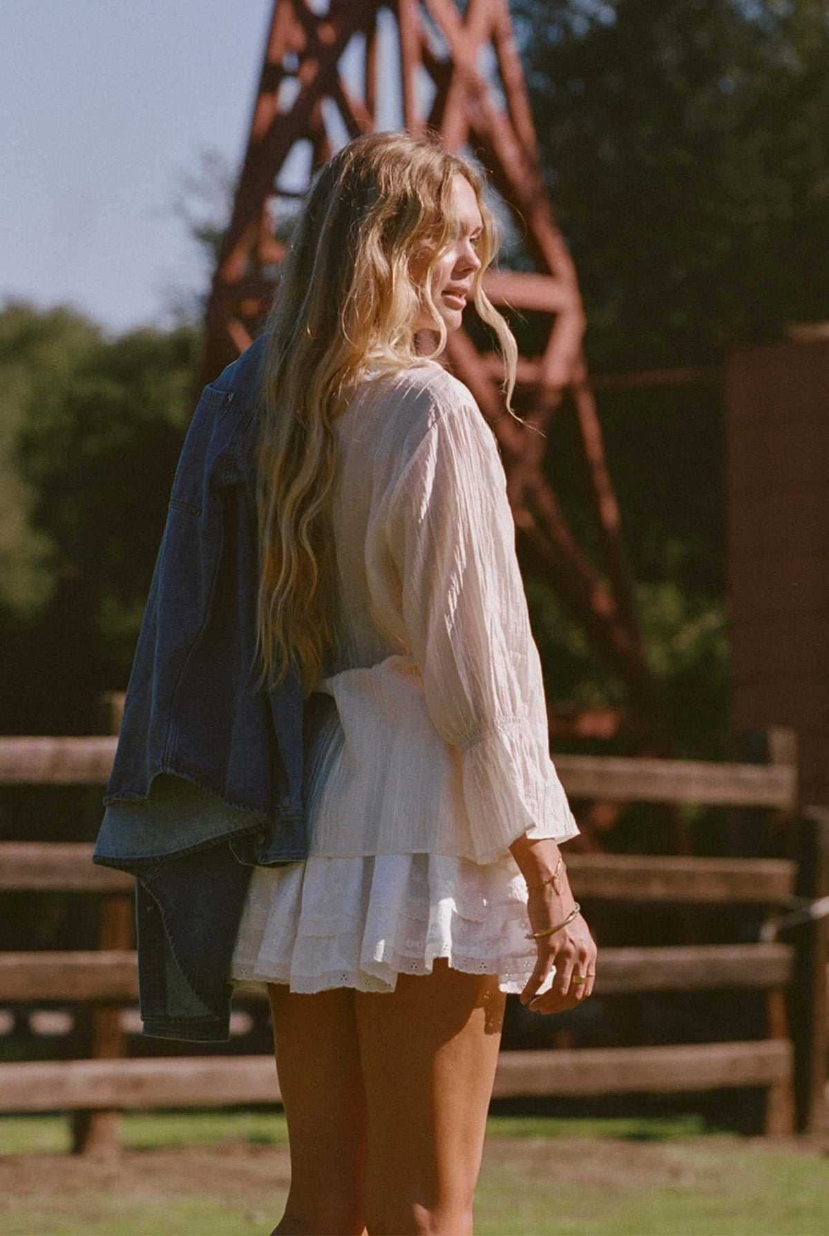 Ivory ruffle blouse top with V-neck and long puff sleeves
