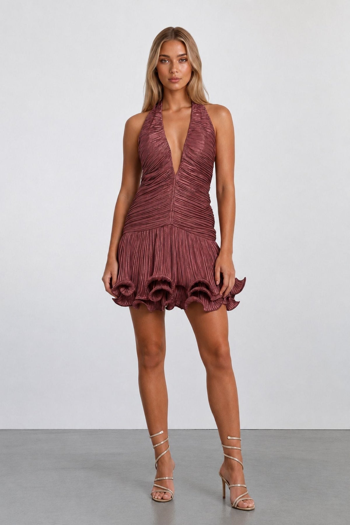 Burgundy metallic pleated halter mini dress with deep V neckline