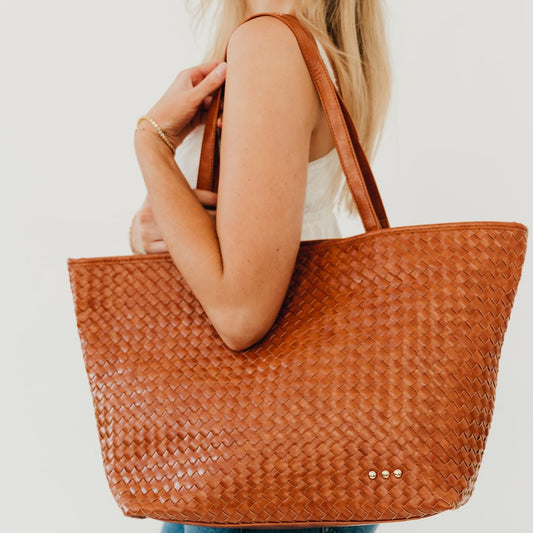 Woven tan-brown organizer tote bag with leather handles and small gold snap detail