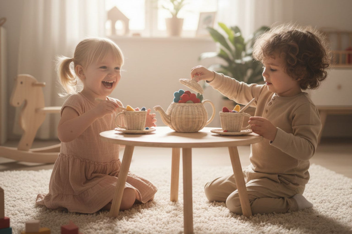 Natural wicker tea set with teapot, cups, and saucers in children's play