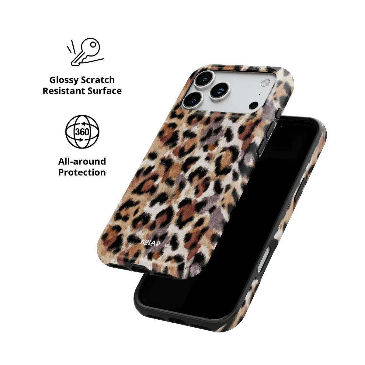 Sahara Plush cheetah-print iPhone case shown separated from its black phone shell