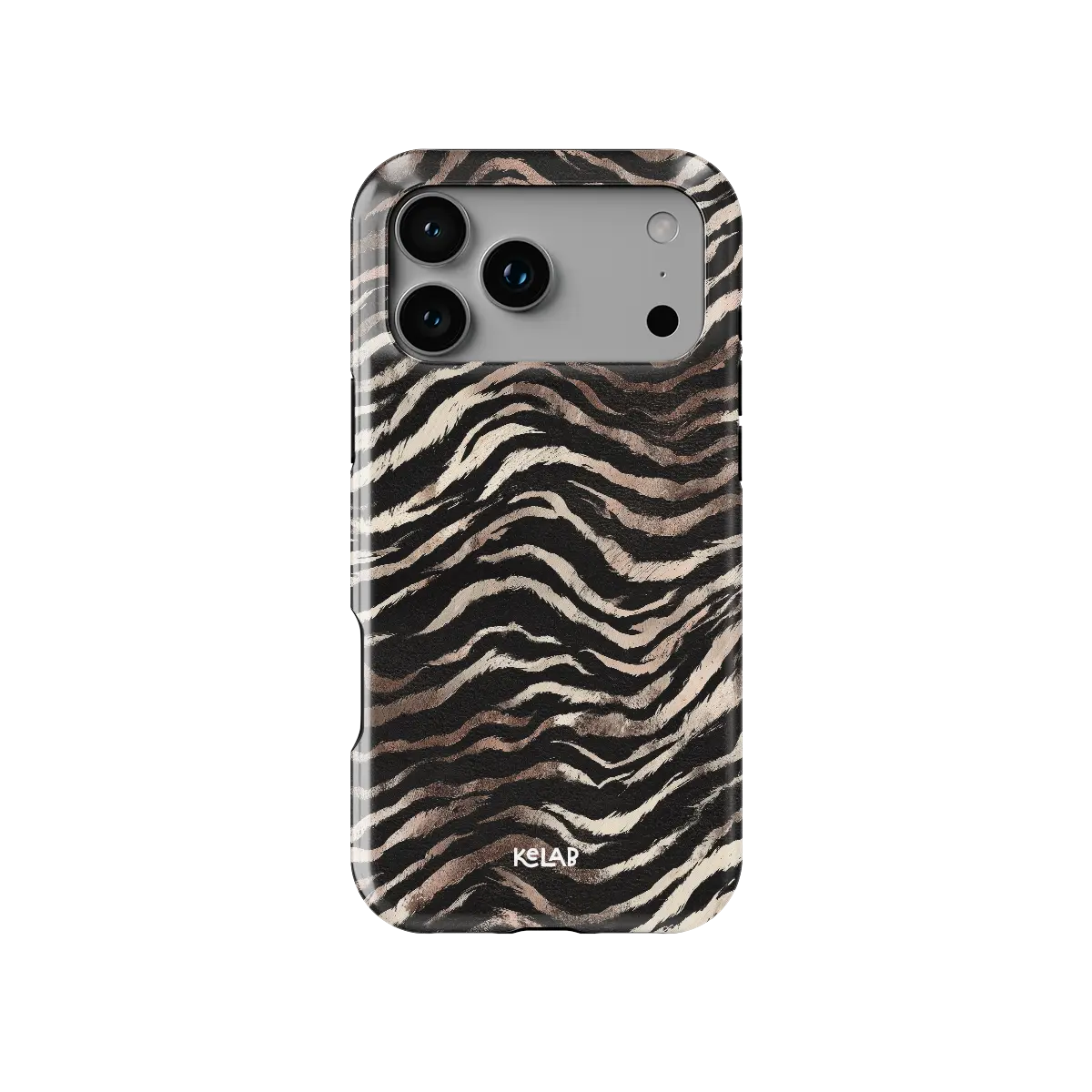Zebra stripe iPhone case with cream, brown, and black waves and a clear camera opening