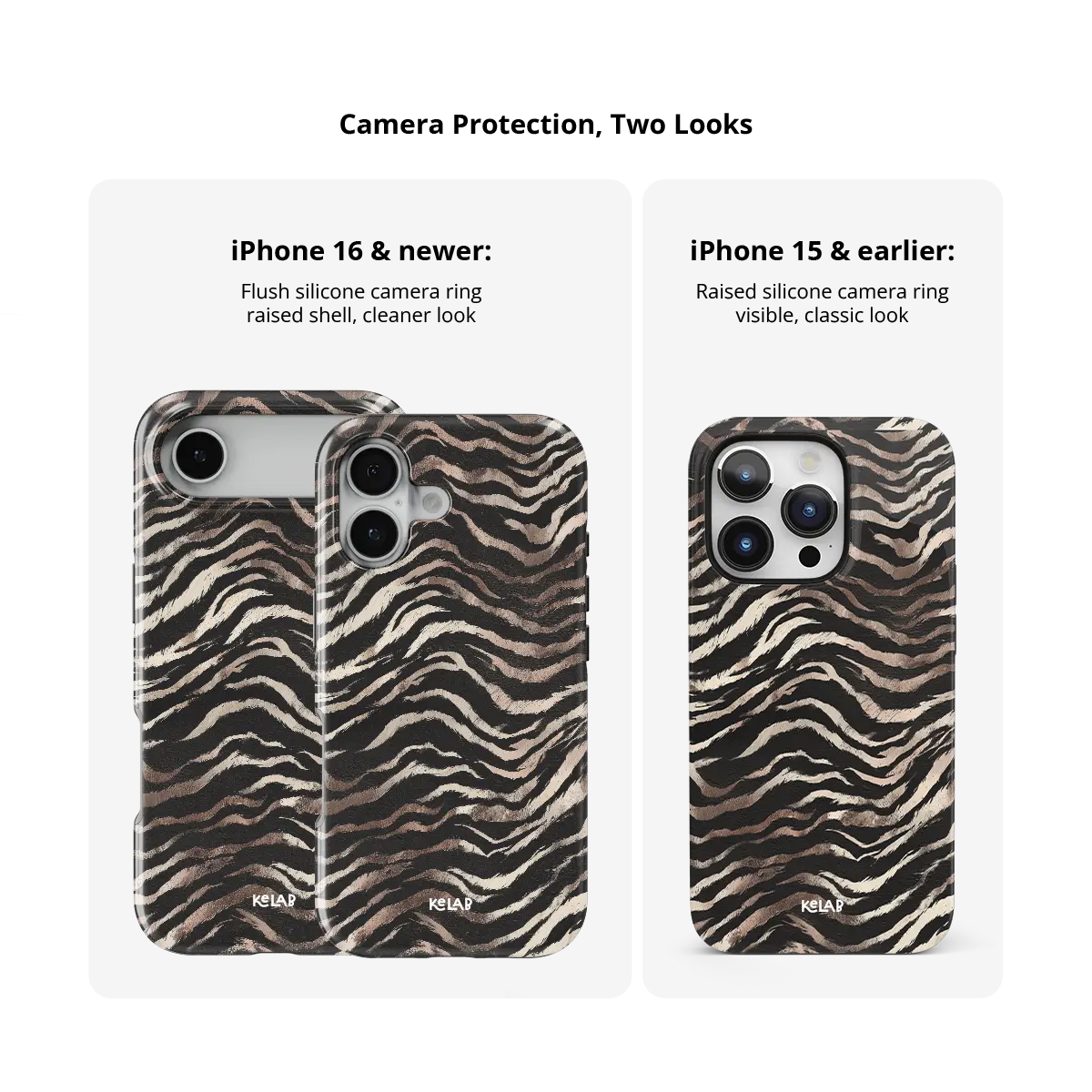 Zebra stripe iPhone cases in several shapes, showing different camera cutouts