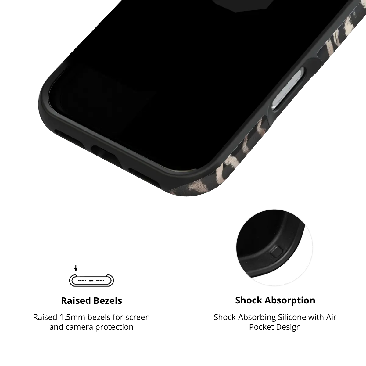 Zebra stripe iPhone case close-up showing a raised edge and covered side button