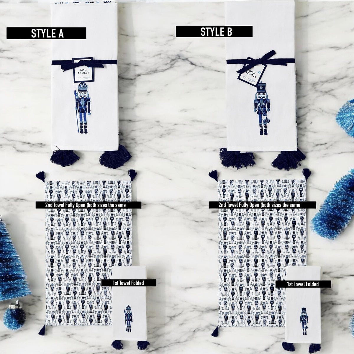 Two nutcracker tea towels, white with blue print and navy tassel fringe (styles A/B)