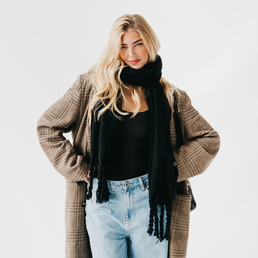 Twisted tassel scarf in black, fringed scarf with twisted tassel ends