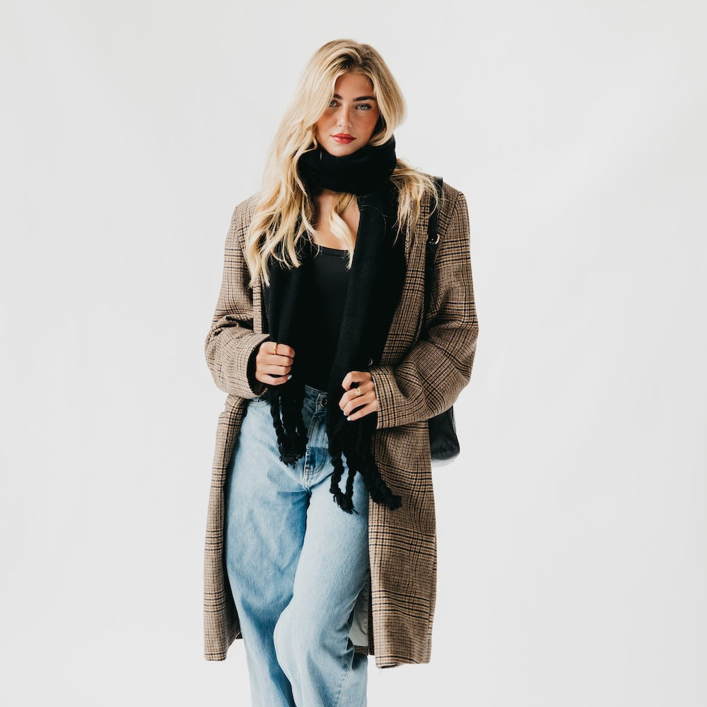Twisted tassel scarf in black, draped scarf with long tassel fringe