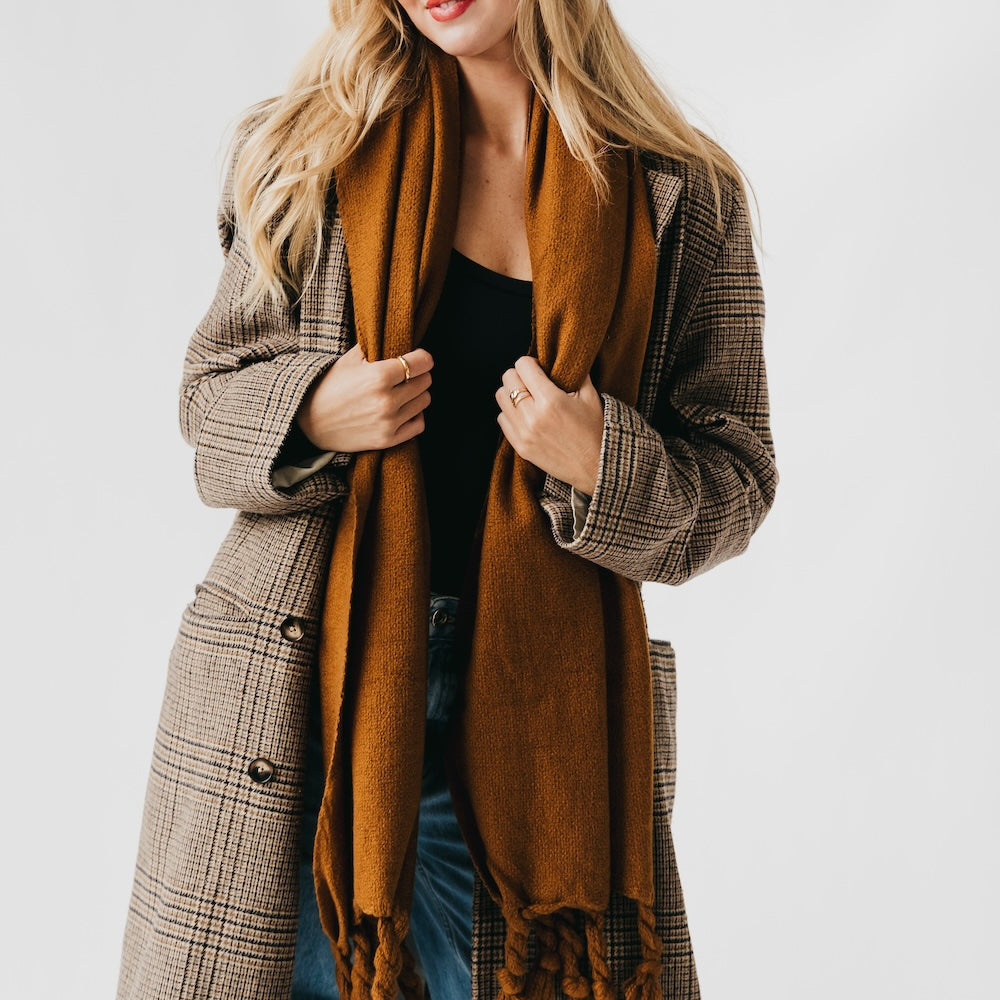 Twisted tassel scarf in caramel brown, long scarf with fringe tassels