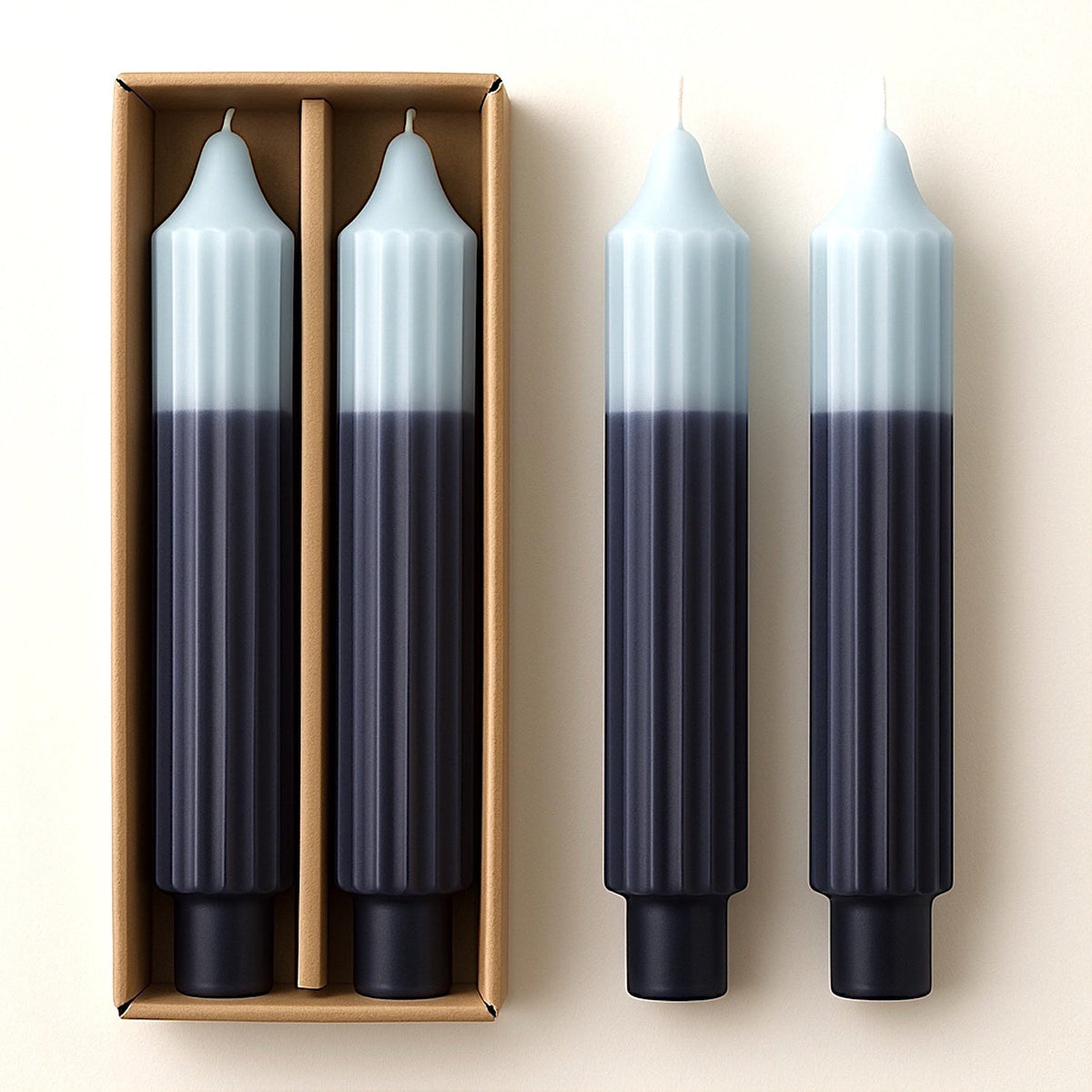 Blue two-tone pleated taper candles (set of 2), light blue tops and dark blue bases