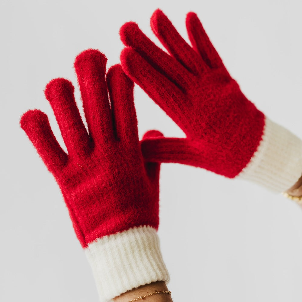 Two-tone knit gloves, red with off-white ribbed cuffs