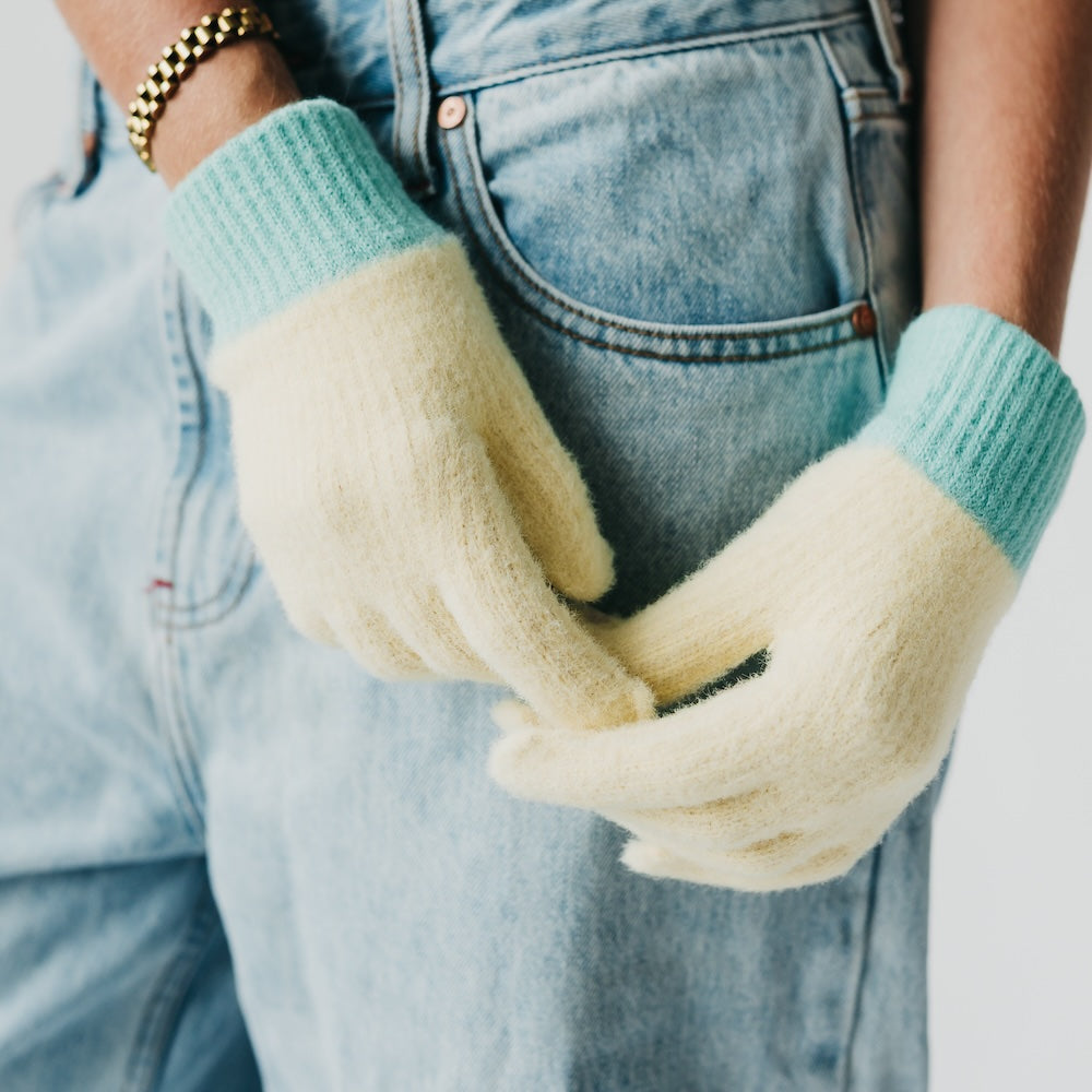 Two-tone knit gloves, cream with light teal ribbed cuffs