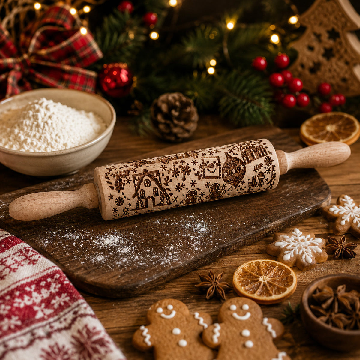 Wood rolling pin on a cutting board with festive icons and snowflake patterns