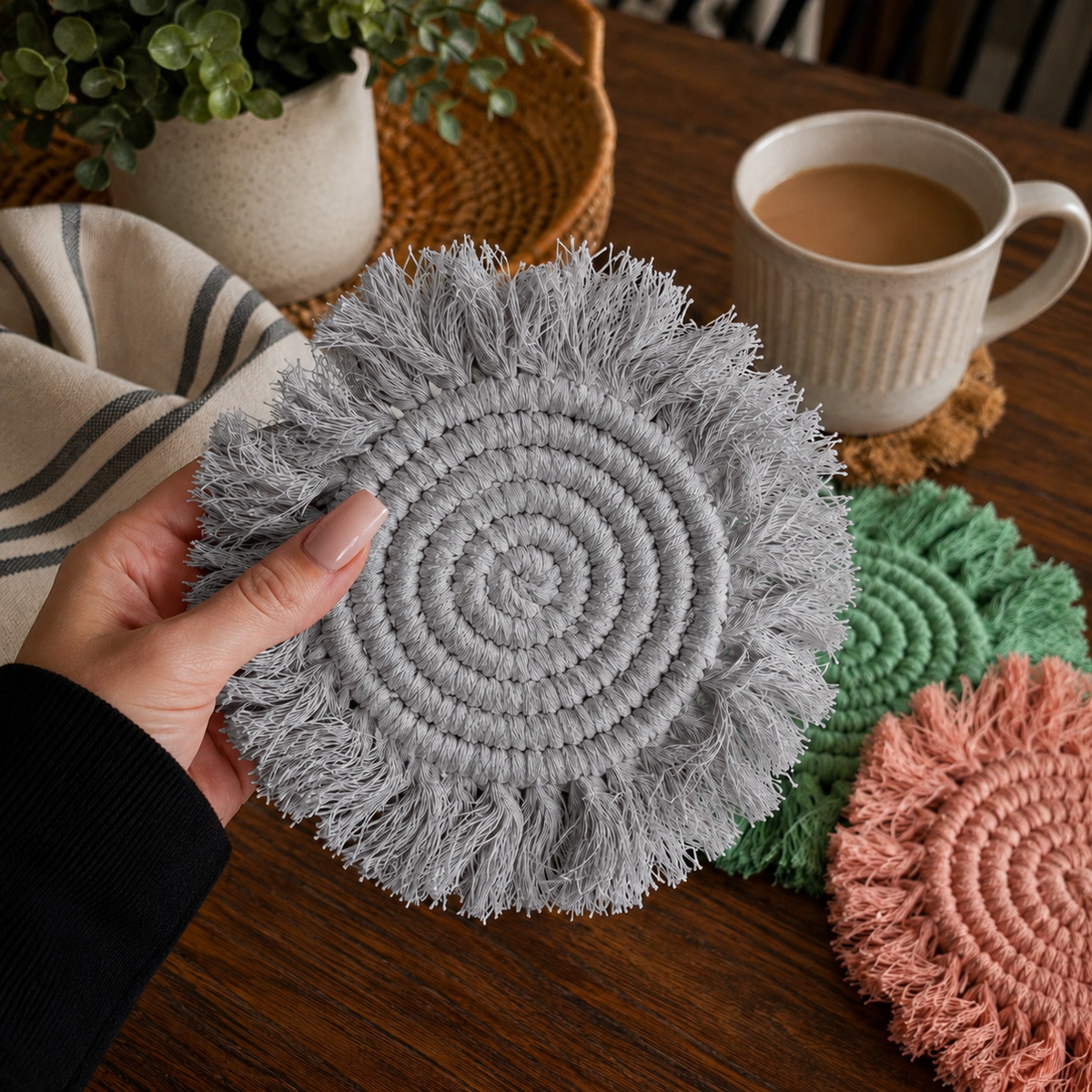 Gray braided rope round coaster with spiral weave and soft tassel fringe